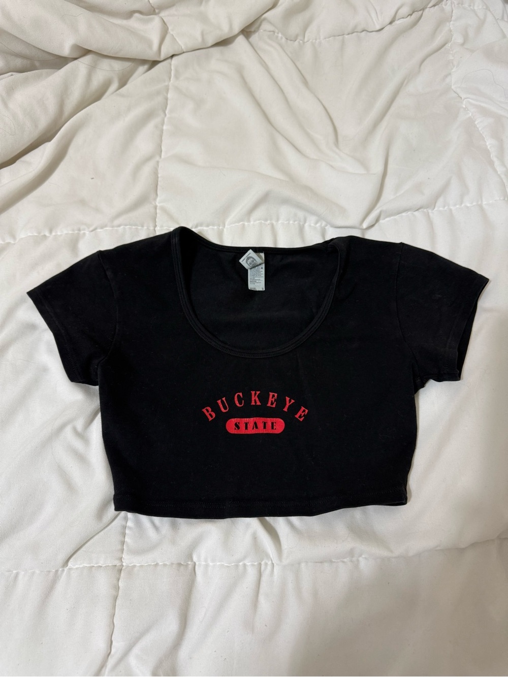 Black Crop Top with Red Buckeye Graphic